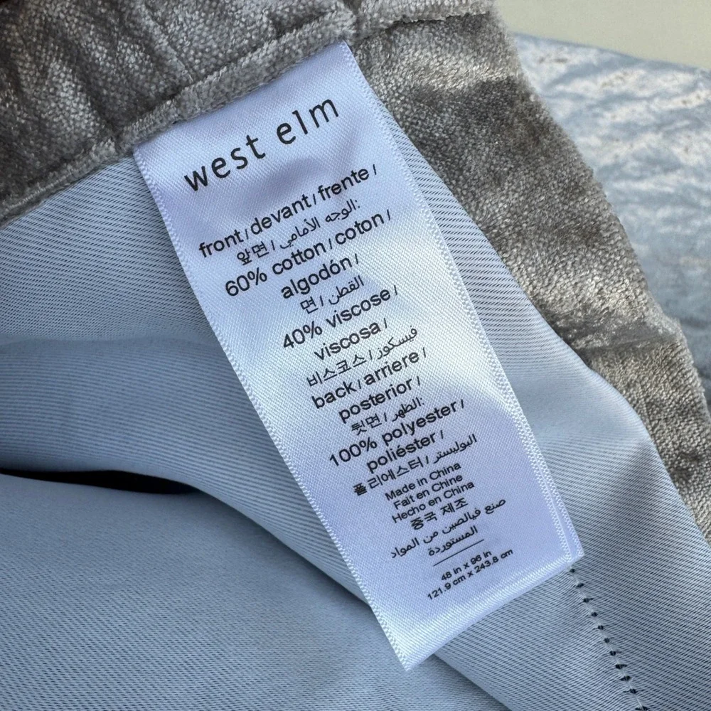 West Elm Curtain Panel 48x96 Silver Gray Crushed Velvet Rod Pocket Back Tab